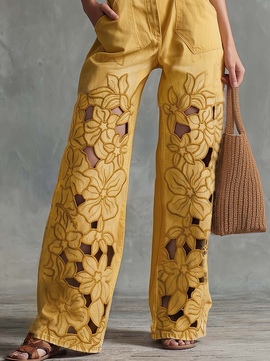 Solara Butter Yellow Floral Cutout Denim Pants