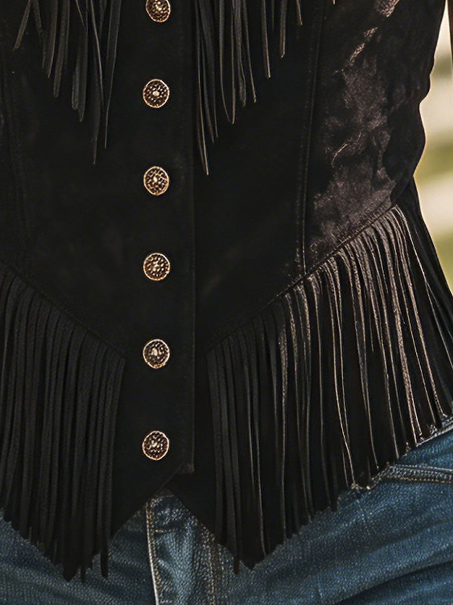Western Retro Studded Black Tassel Faux Suede Vest