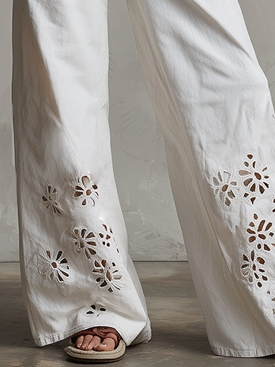 Retro-Chic & Versatile White Denim Openwork Floral Design Wide-Leg Pants