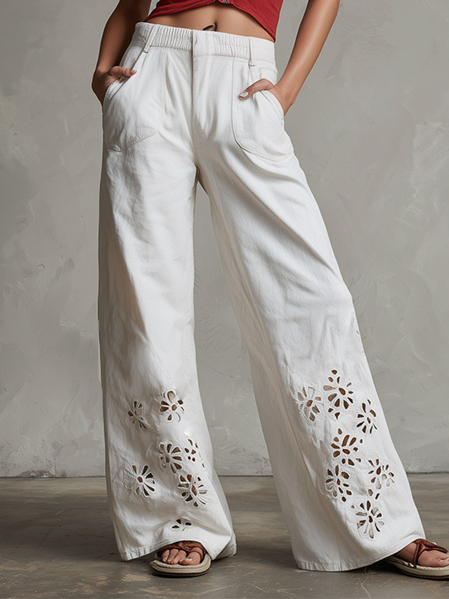 Retro-Chic & Versatile White Denim Openwork Floral Design Wide-Leg Pants