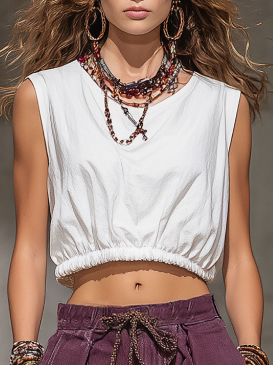 Casual Retro White Cotton Sleeveless Round Neck Top