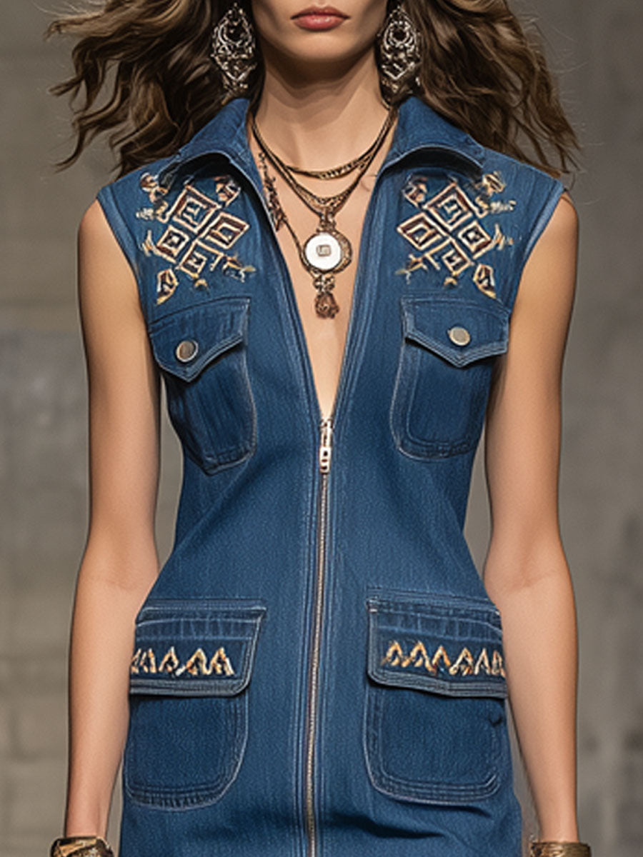 Vintage Embroidered Blue Denim Zip-up Sleeveless Mini Dress