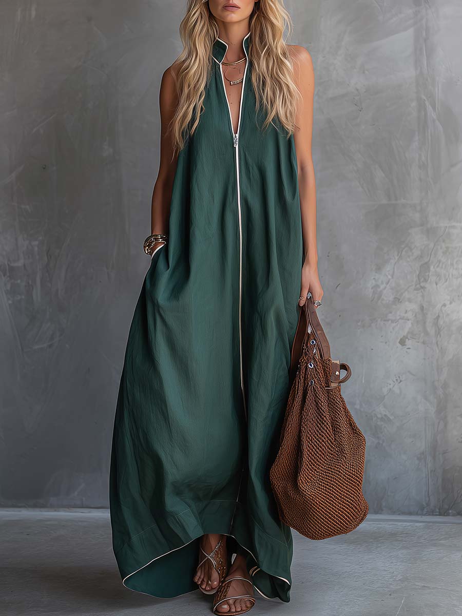 Ardin Forest Green Zip Front Maxi Dress Effortless Volume And Relaxed Elegance