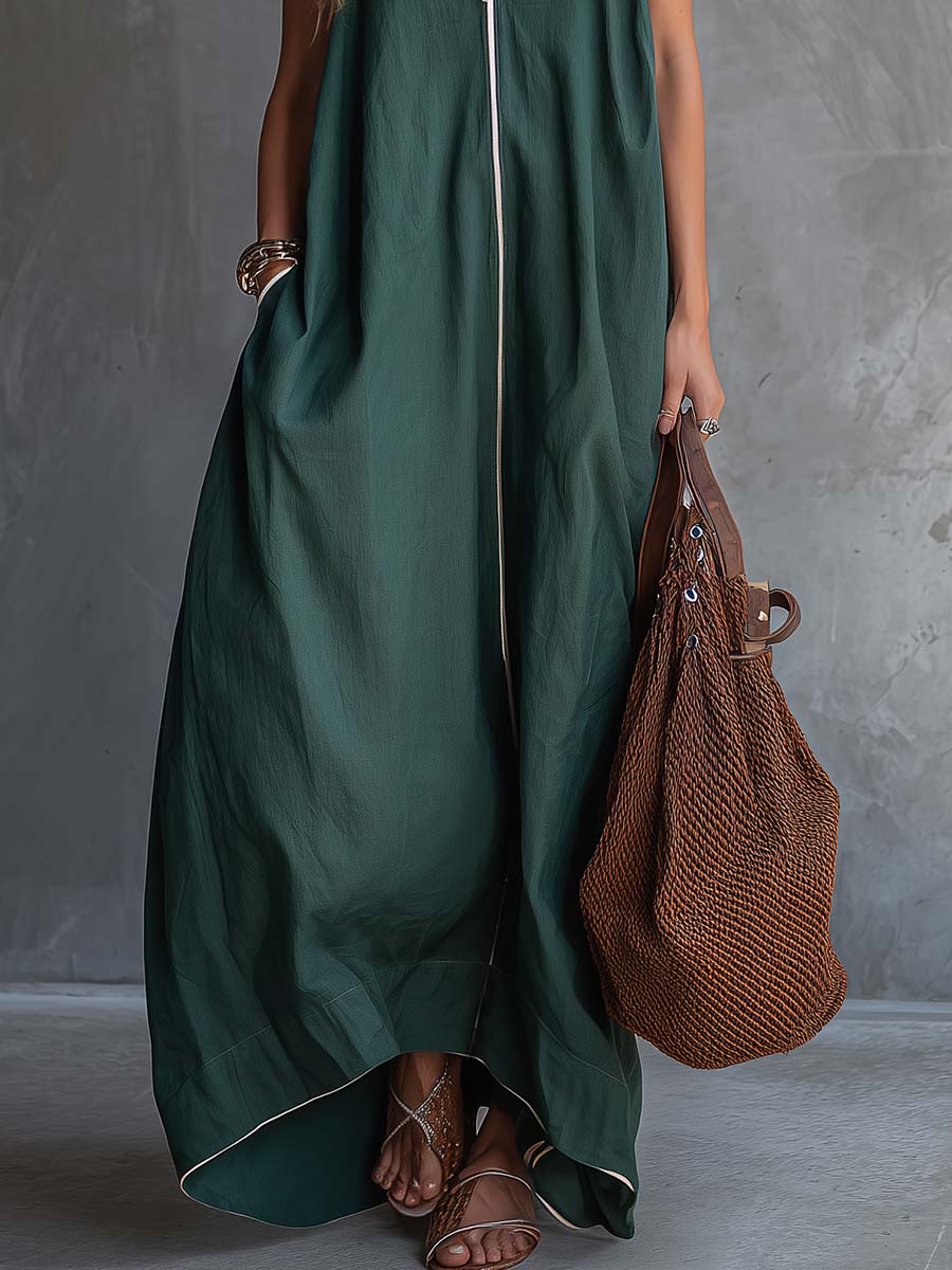 Ardin Forest Green Zip Front Maxi Dress Effortless Volume And Relaxed Elegance