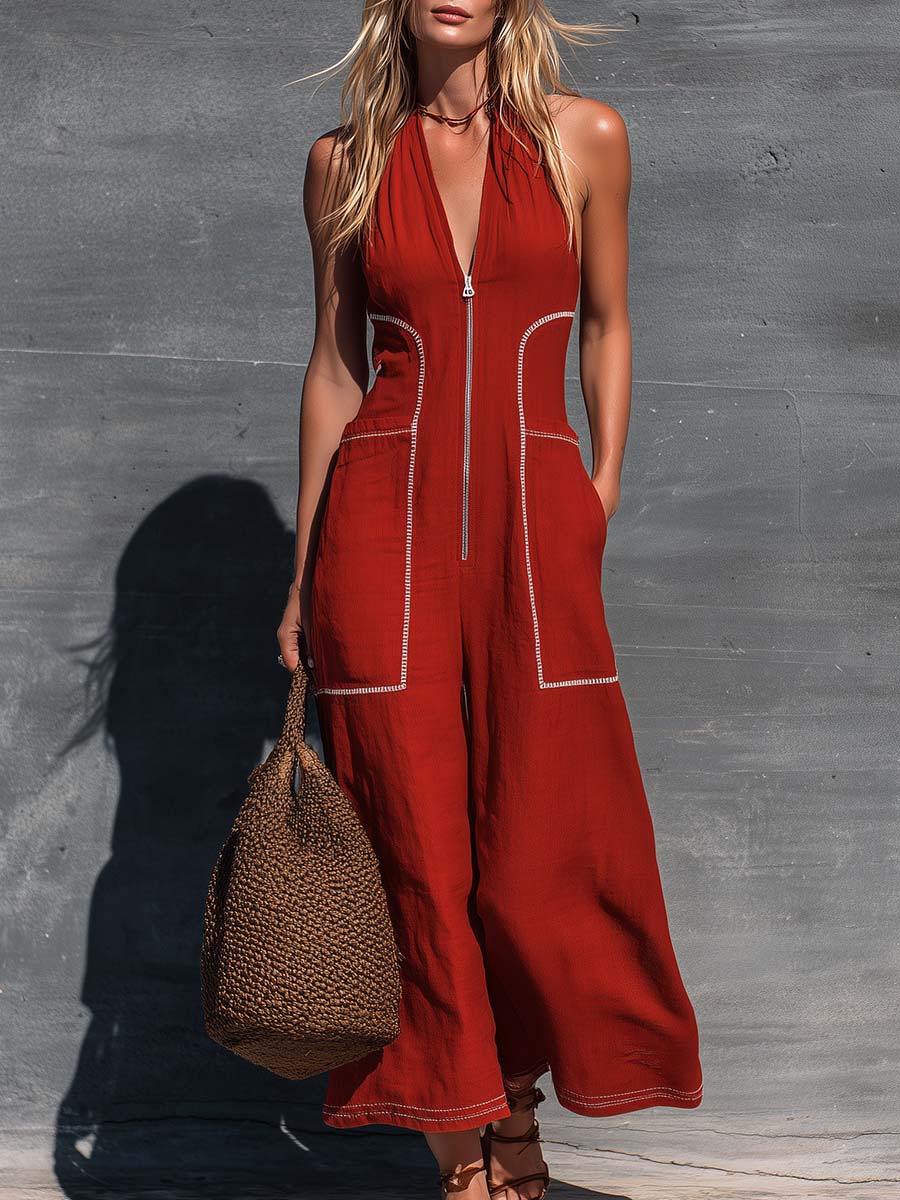 Sorella Terracotta Zip Front Jumpsuit Effortless Resort Glam