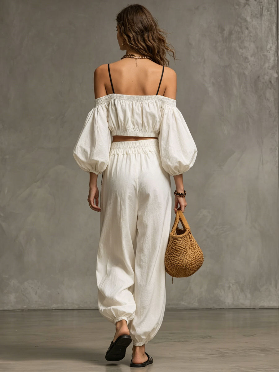 Casual Retro Thin-strapped Off-shoulder White Cotton Linen Top And Balloon Pants Set