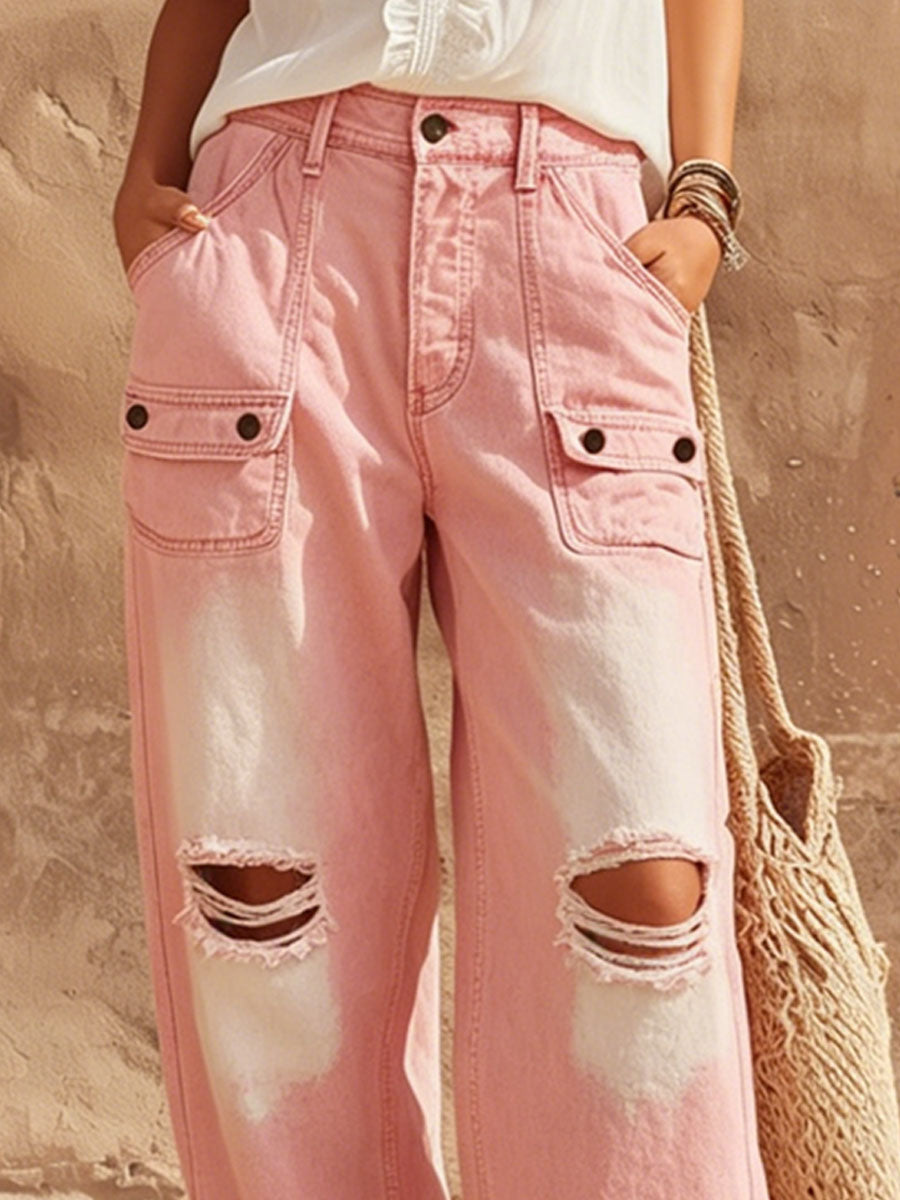 Retro Casual Pink Ripped Jeans