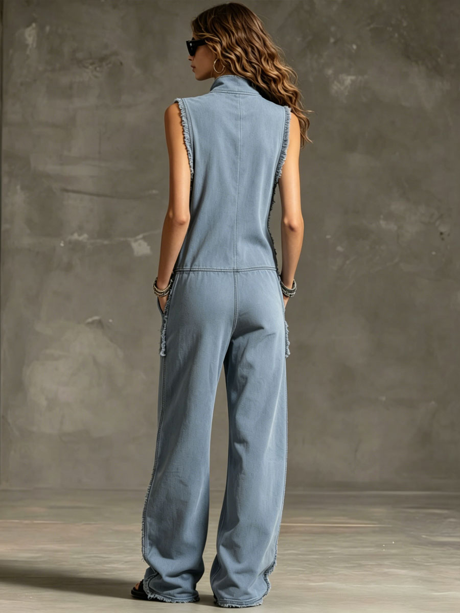 Fashionable Retro Blue-grey Denim Zipper Sleeveless Frayed Edge Jumpsuit