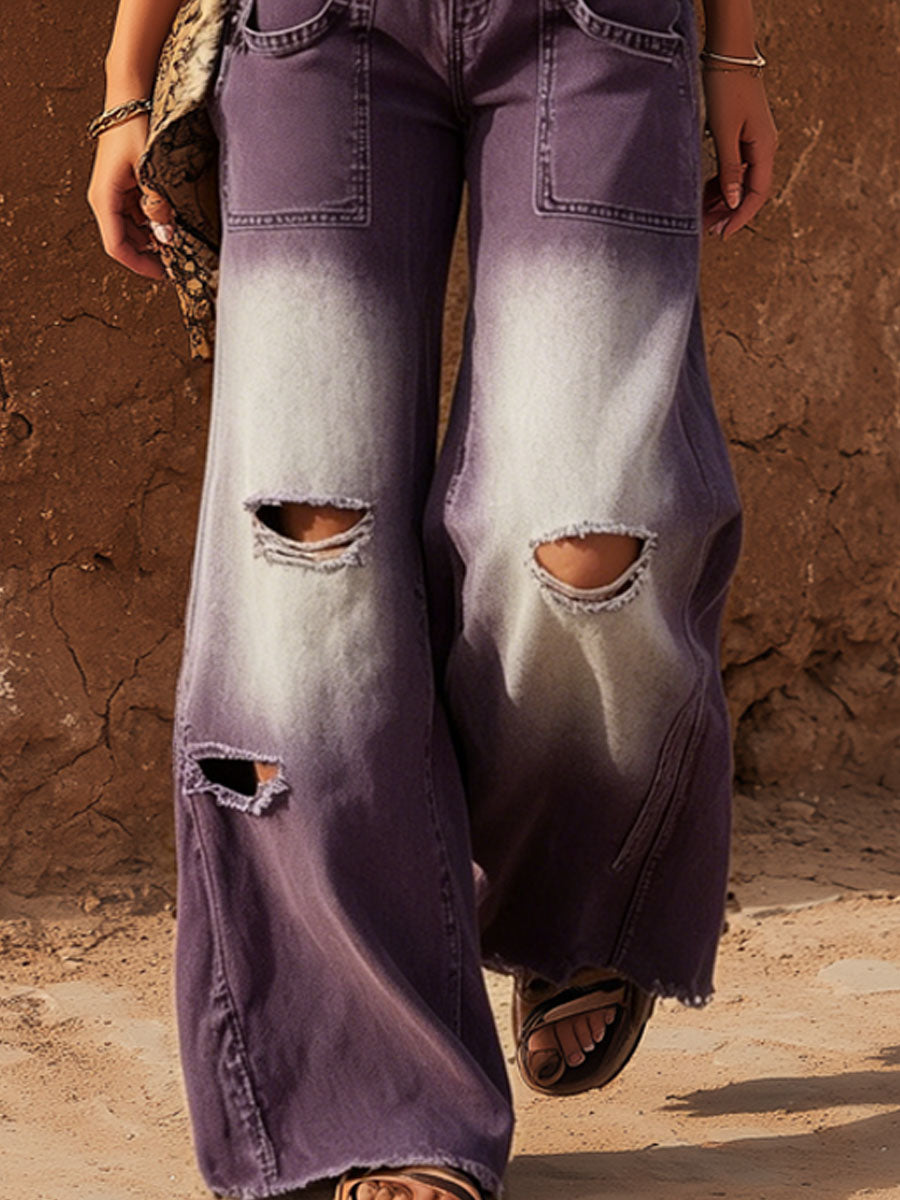Retro Purple Ripped Denim Overalls