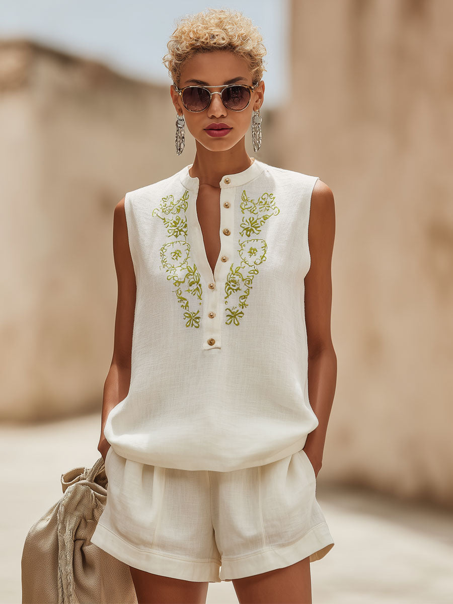 Retro Cotton And Linen Embroidered Sleeveless Top And Shorts Set