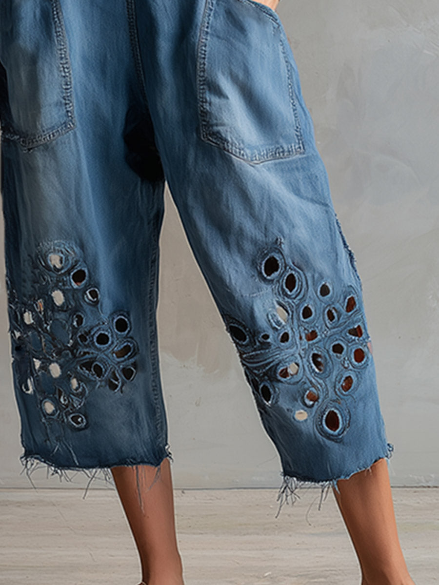 Retro-Casual Cutout Design Blue Denim Jumpsuit