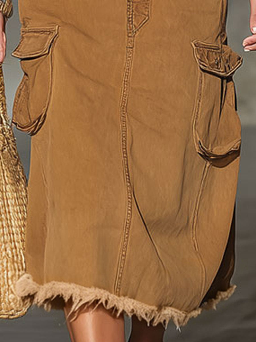 Casual Retro Camel Denim Frayed Edge 3D Pocket Skirt