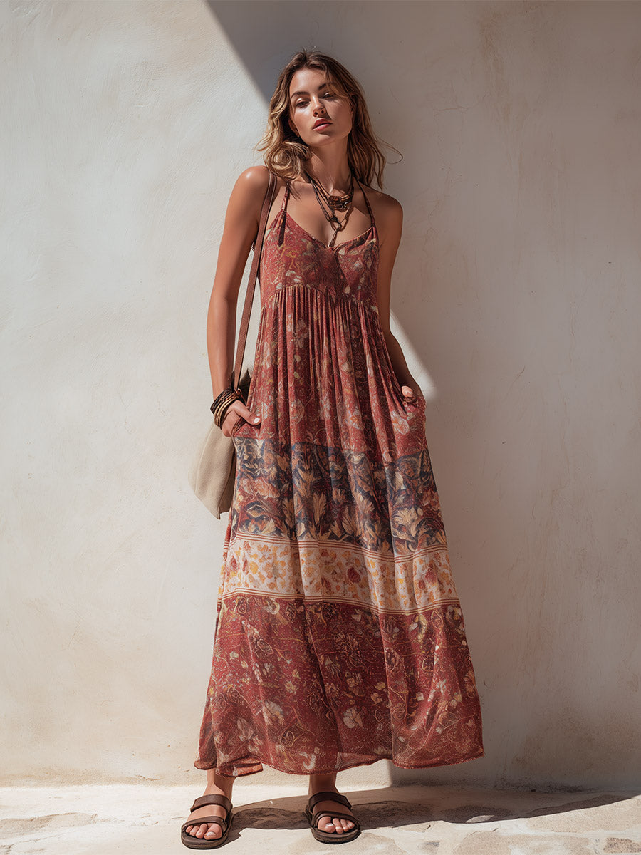 Retro Bohemian-Style Reddish-Brown Printed Chiffon Maxi Dress