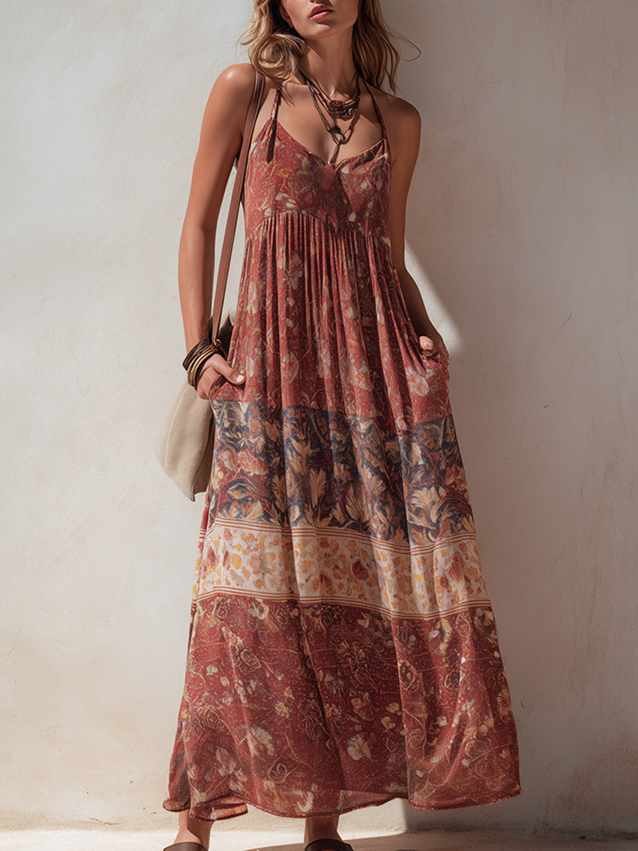 Retro Bohemian-Style Reddish-Brown Printed Chiffon Maxi Dress