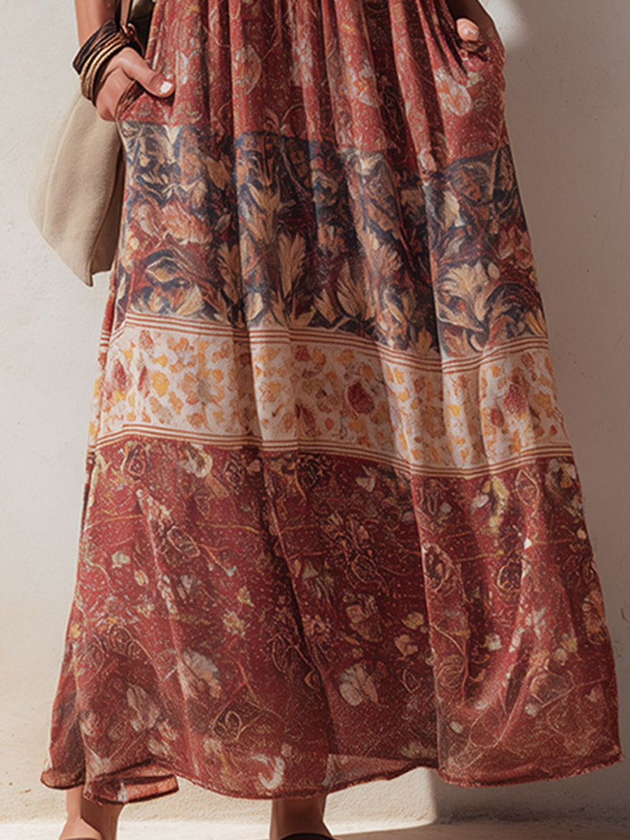 Retro Bohemian-Style Reddish-Brown Printed Chiffon Maxi Dress