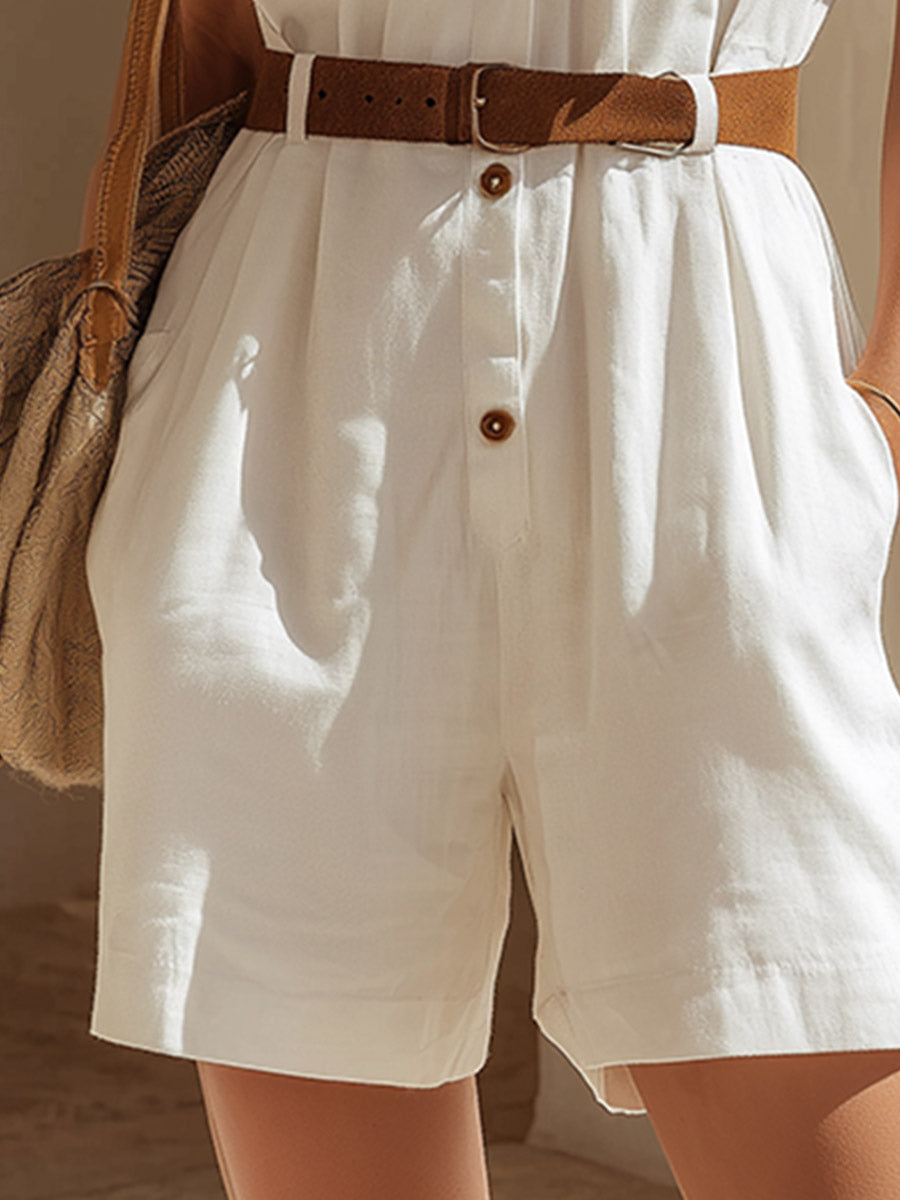 Elegant "Old Money" Style White Cotton-Linen Short-Sleeve Jumpsuit