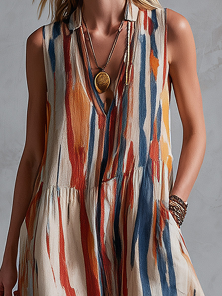 Retro-Chic Beige Abstract Striped Cotton-Linen Maxi Dress