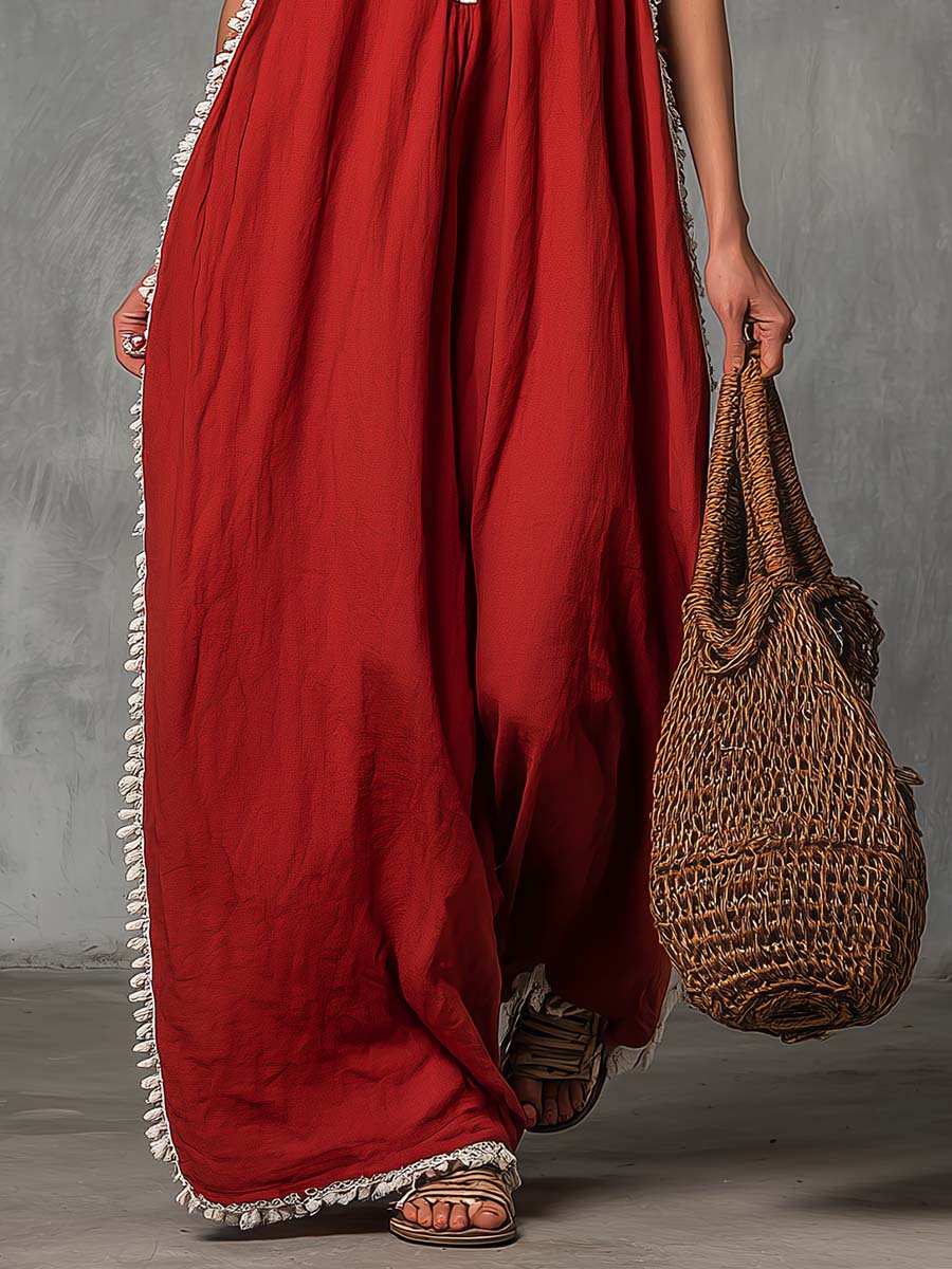 Valencia Crimson Cotton Linen Blend Jumpsuit Effortless Vacation Glam