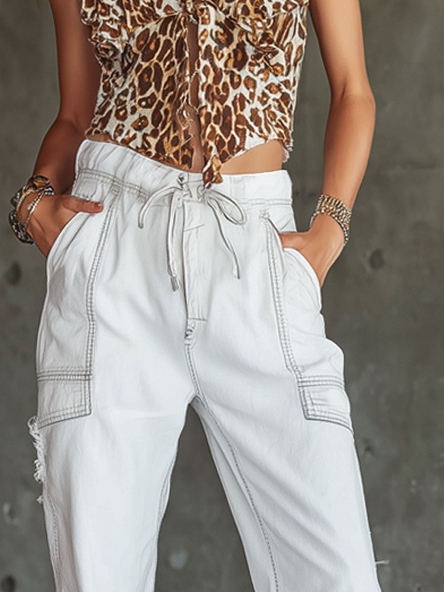 Casual Retro Elastic Waist Frayed White Jeans