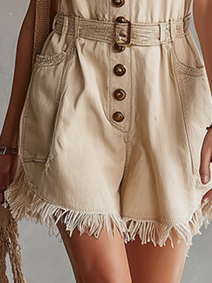 Chic Retro Fringed Apricot Denim Shorts Jumpsuit