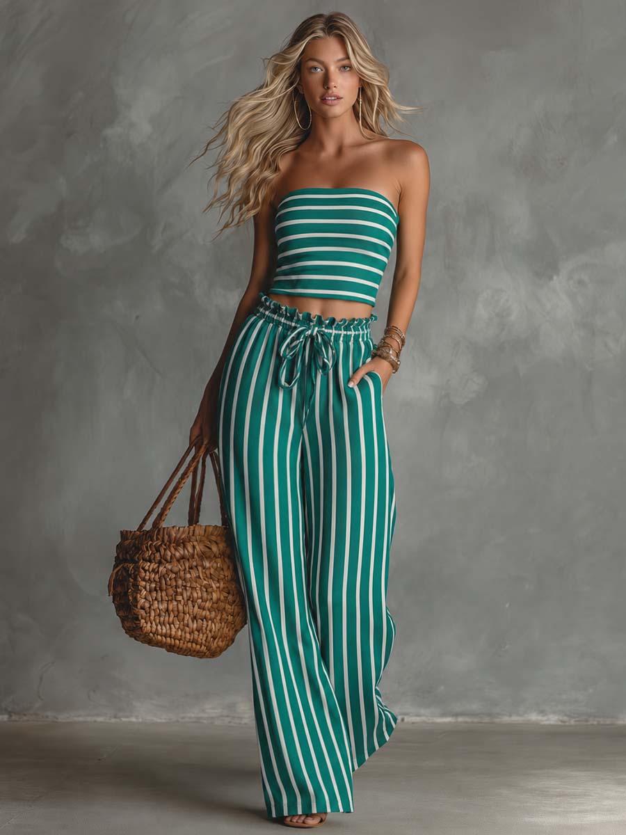 Riviera Emerald Stripe Pant Set Effortless Coastal Glam
