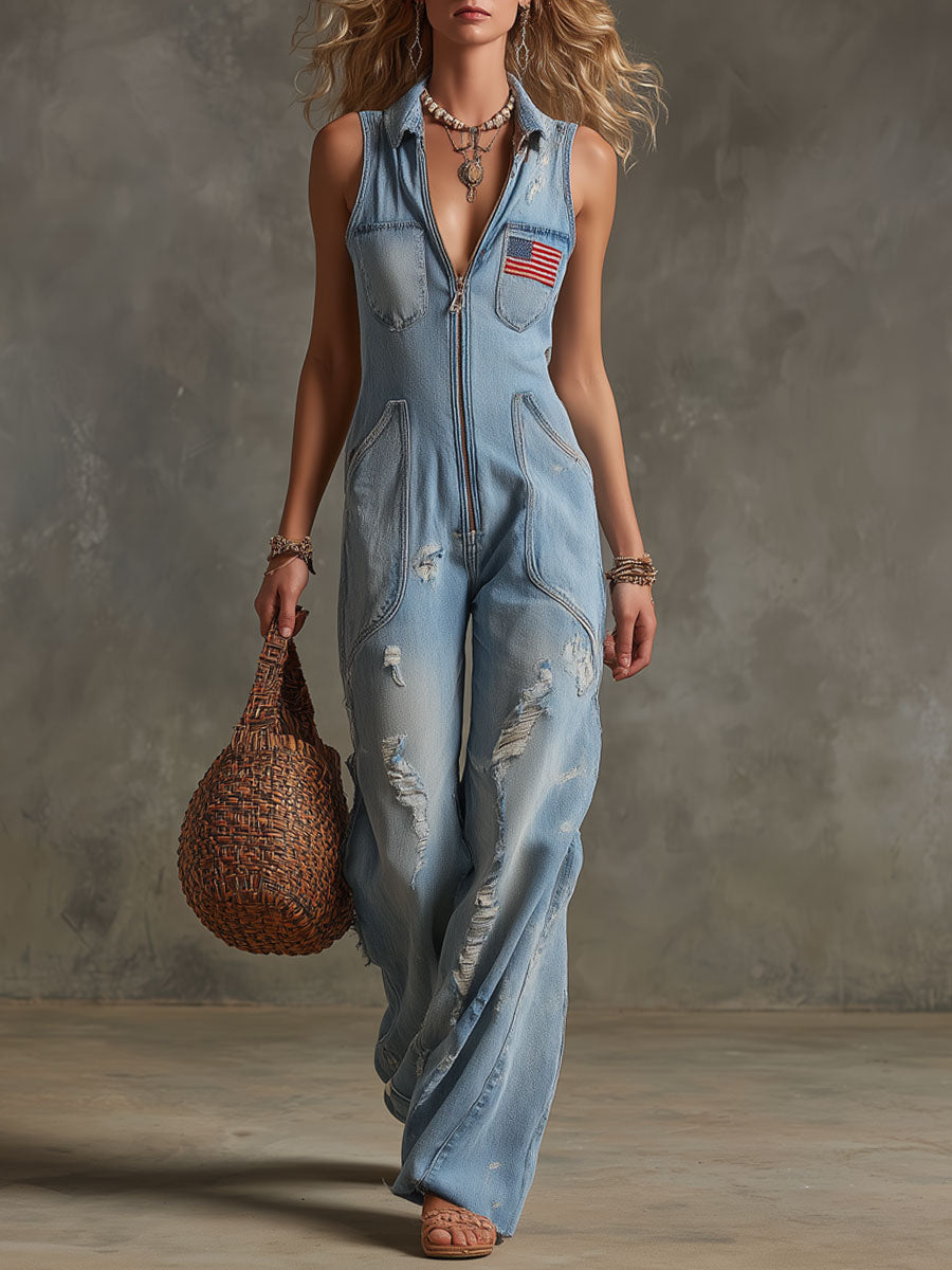 Western Retro American Flag Ripped Light Blue Denim Sleeveless Jumpsuit