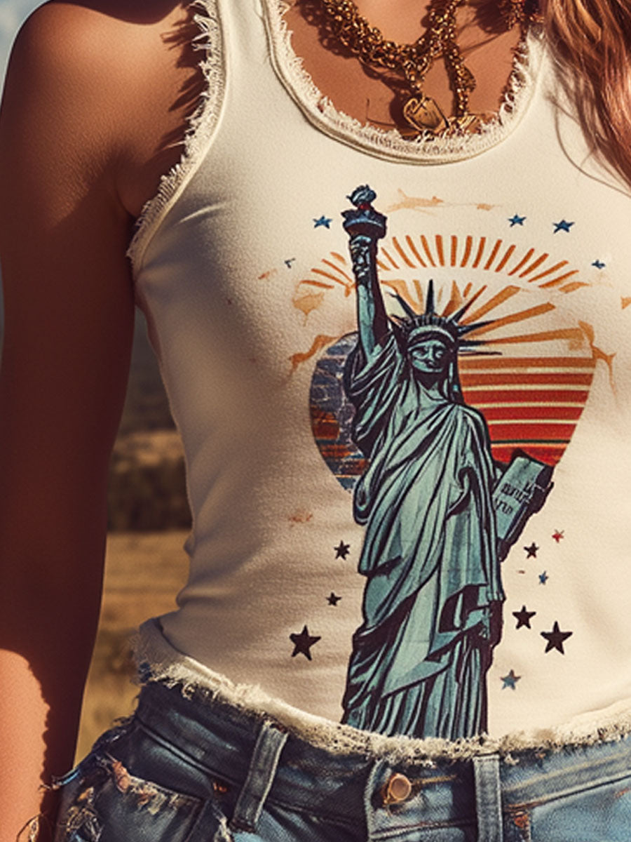 Western Retro Frayed Statue Of Liberty And American Flag Print Off-White Cotton Top