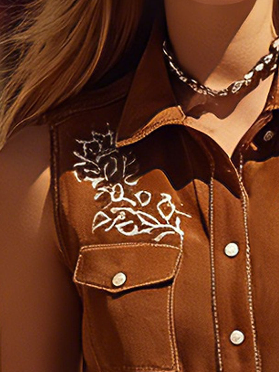 Western-style Retro Embroidered Brown Collared Sleeveless Faux Suede Shirt