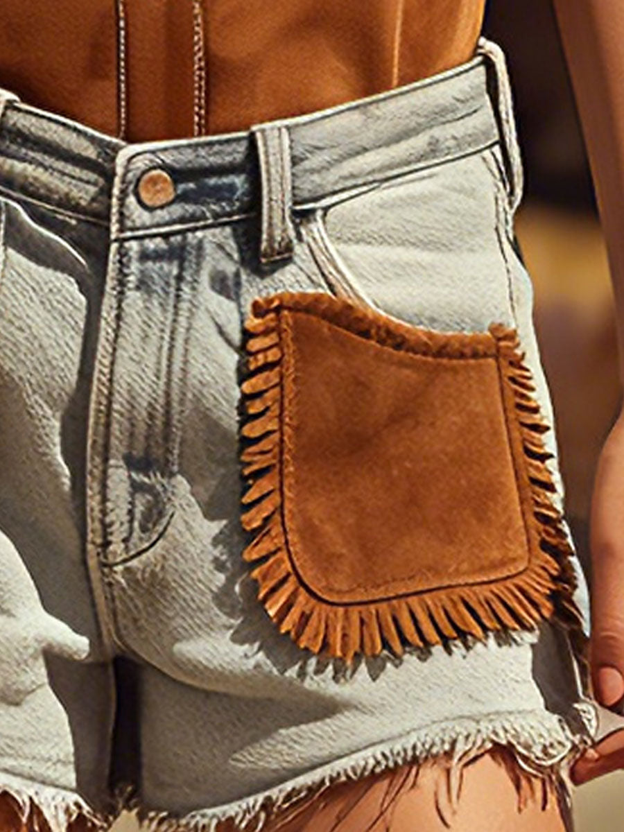 Western Retro Brown Faux Suede Fringed Blue Denim Shorts