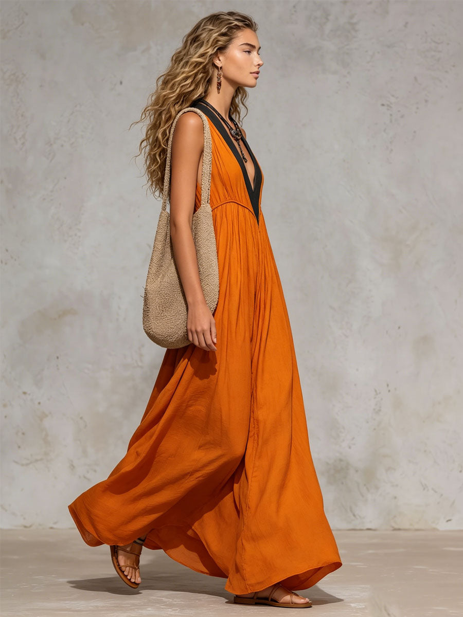 Orange Cotton-linen Color-blocked V-neck Sleeveless Maxi Dress