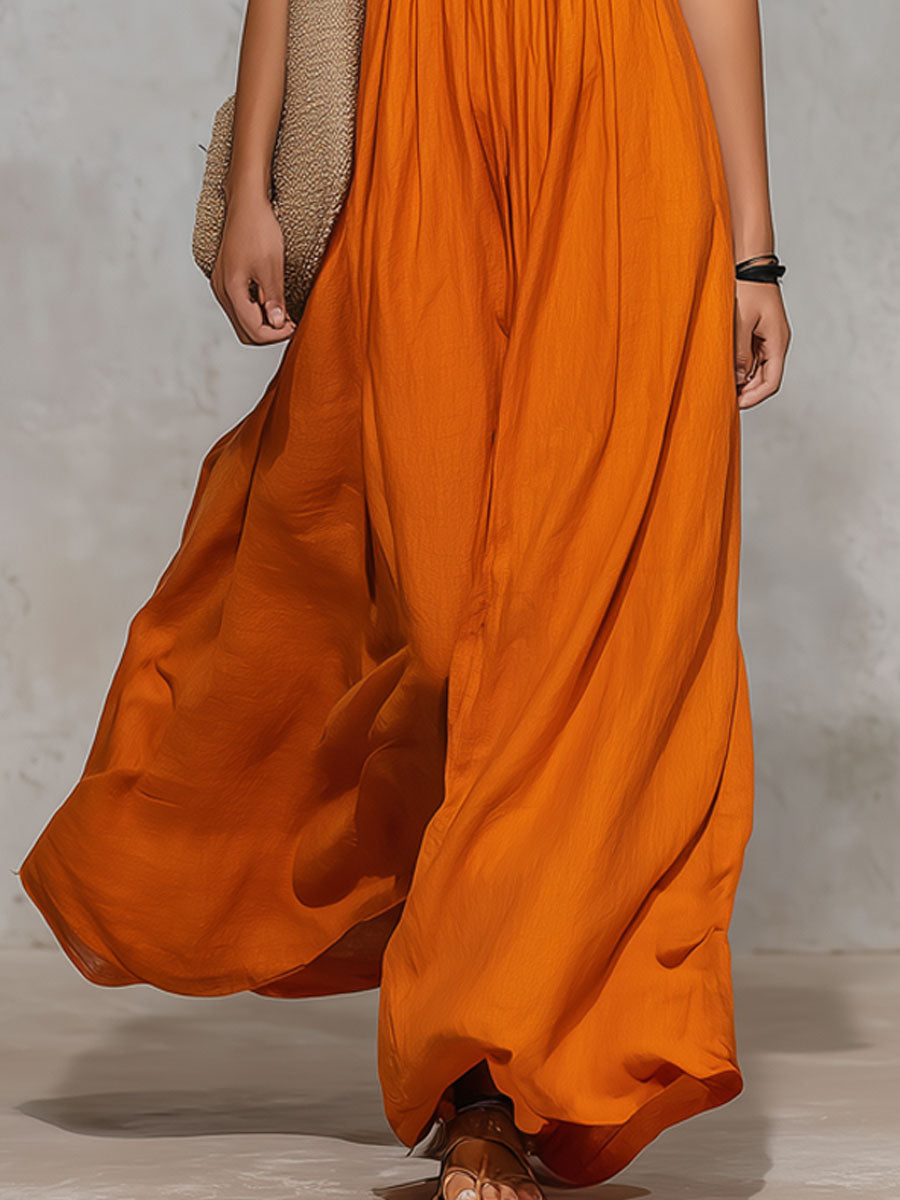 Orange Cotton-linen Color-blocked V-neck Sleeveless Maxi Dress