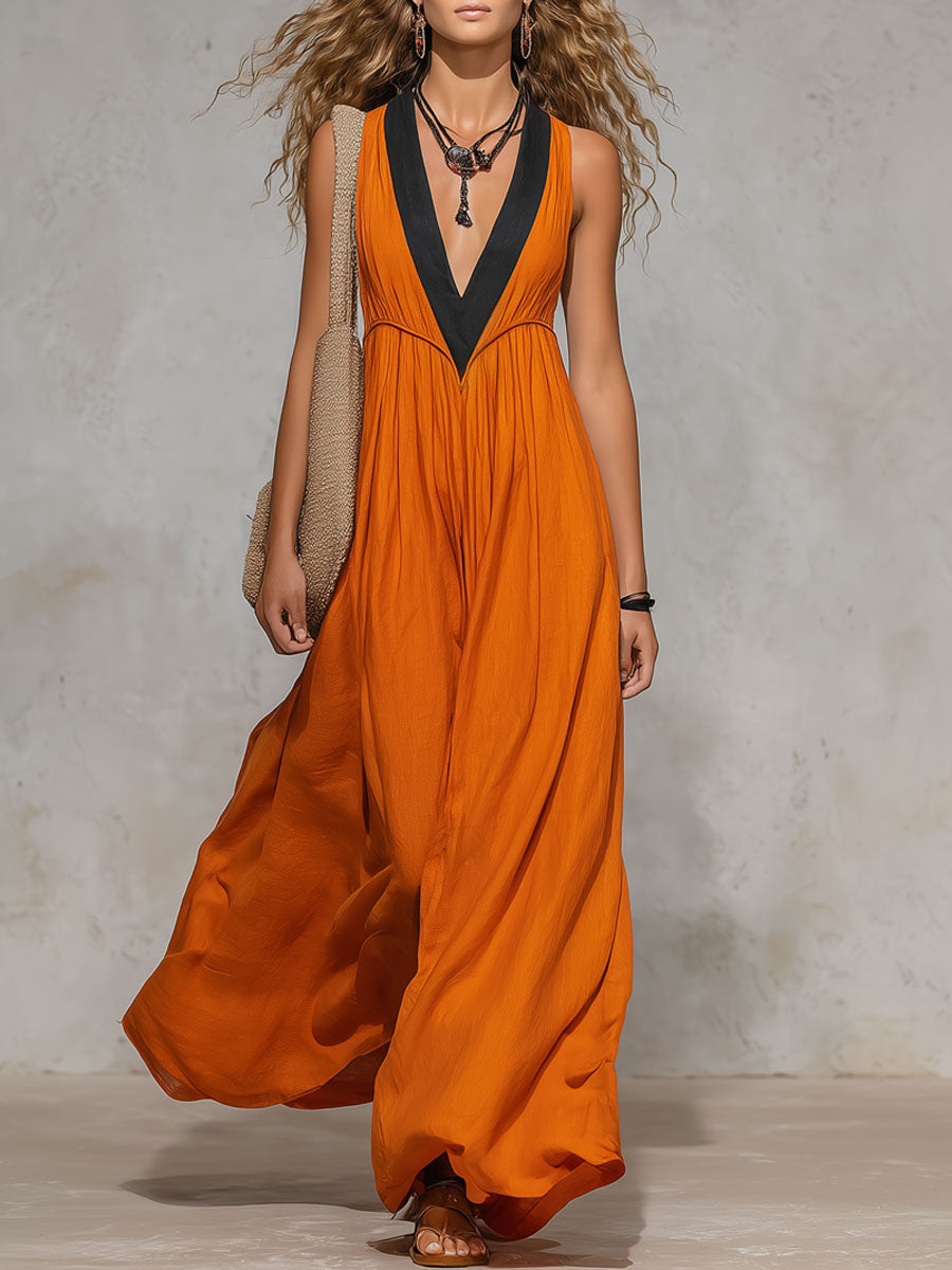 Orange Cotton-linen Color-blocked V-neck Sleeveless Maxi Dress