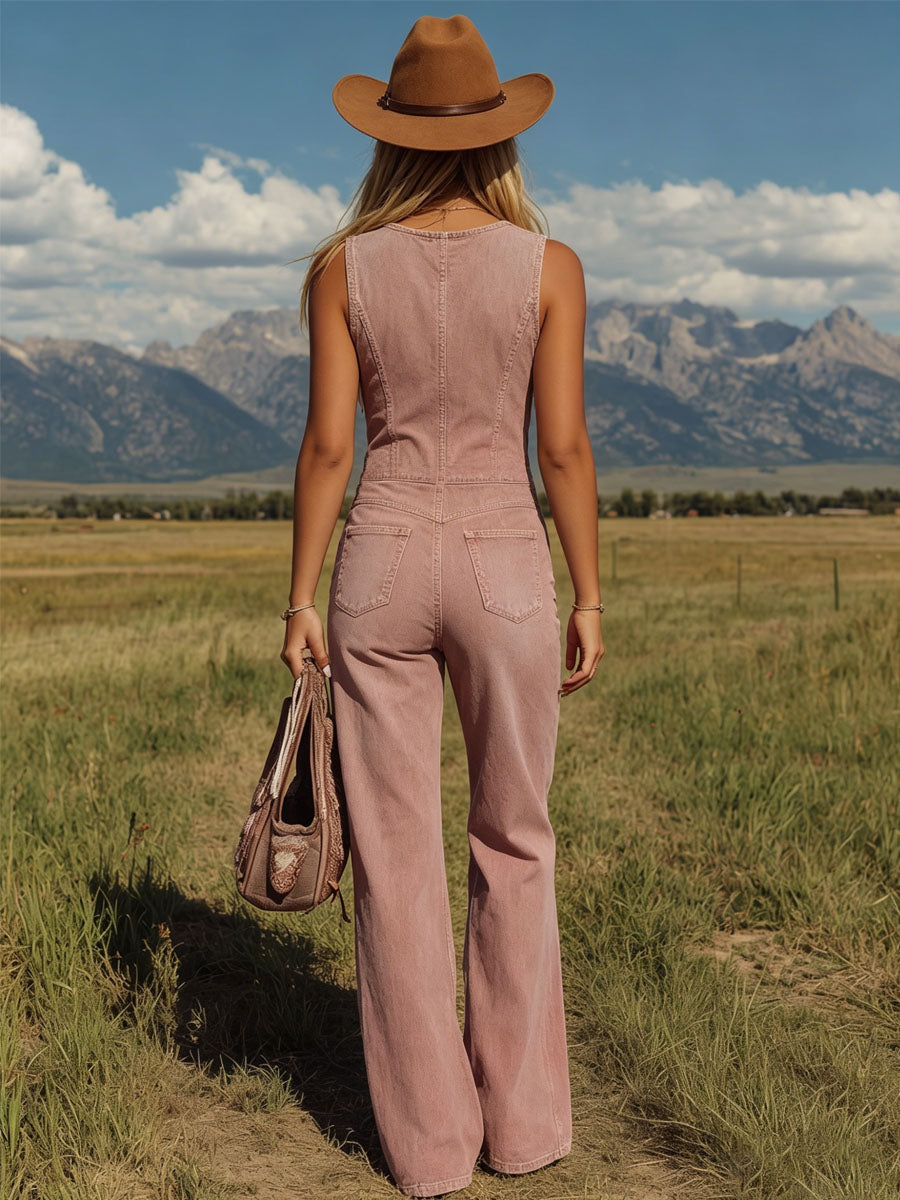 Retro V-neck Tassel Zipper Pink Denim Sleeveless Jumpsuit