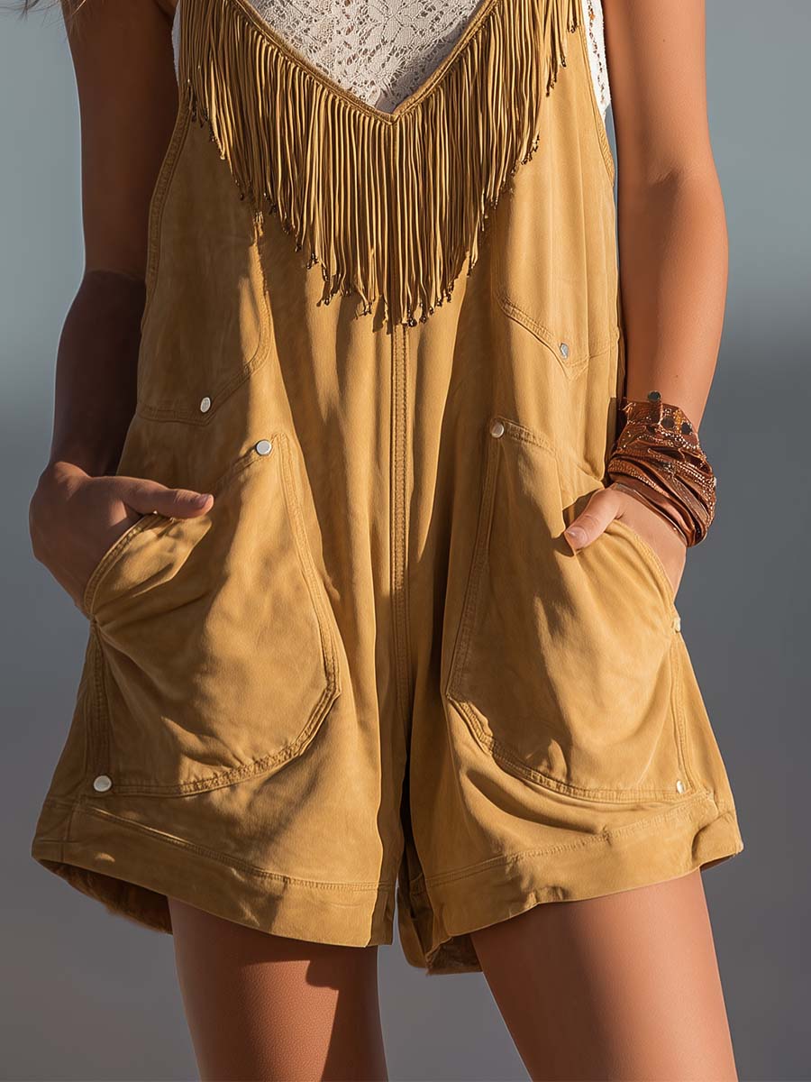 Sierra Fringe Faux Suede Romper Effortless Western Boho Summer Style