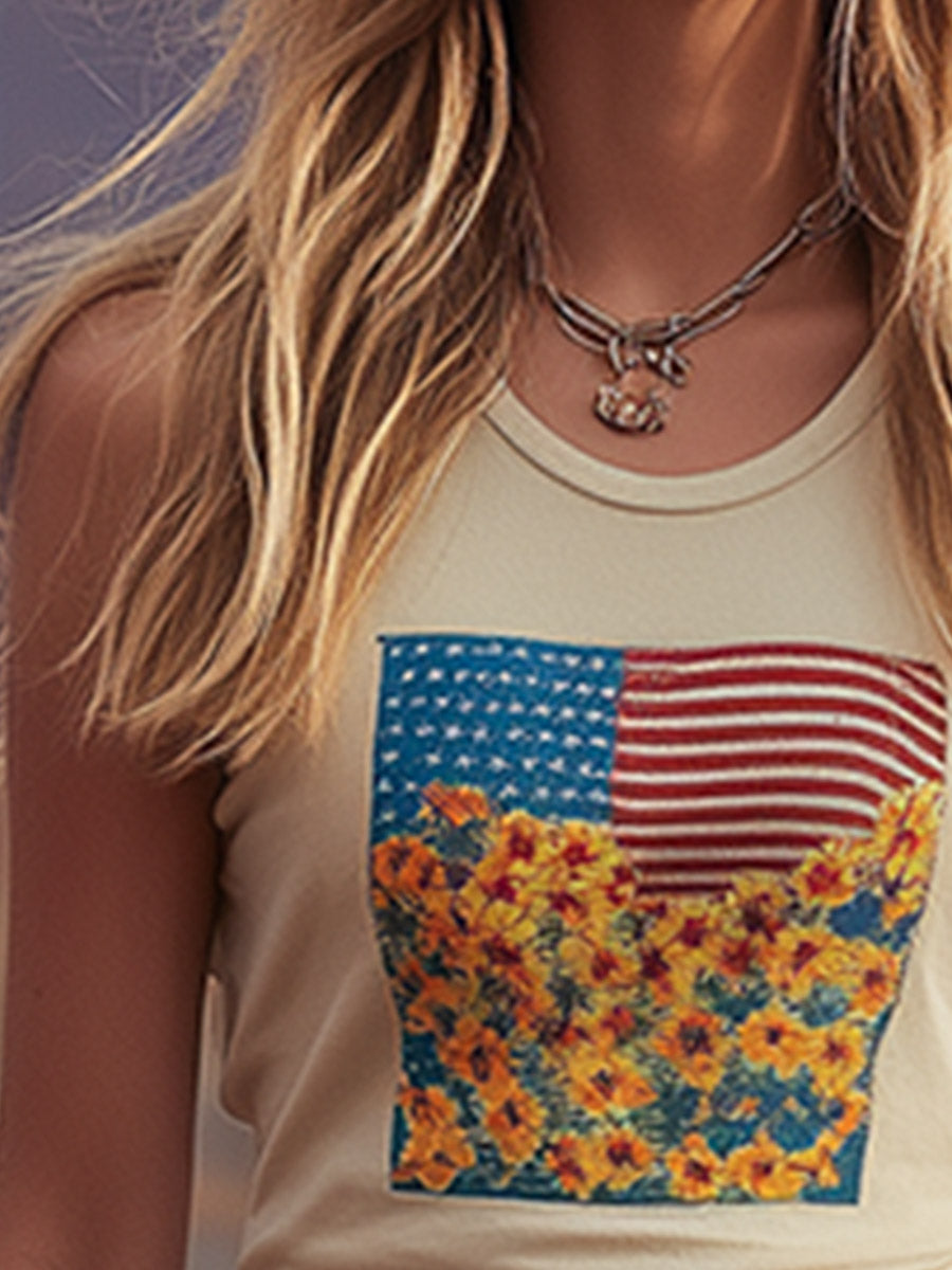 Retro Casual Western-Print Beige Cotton Tank Top