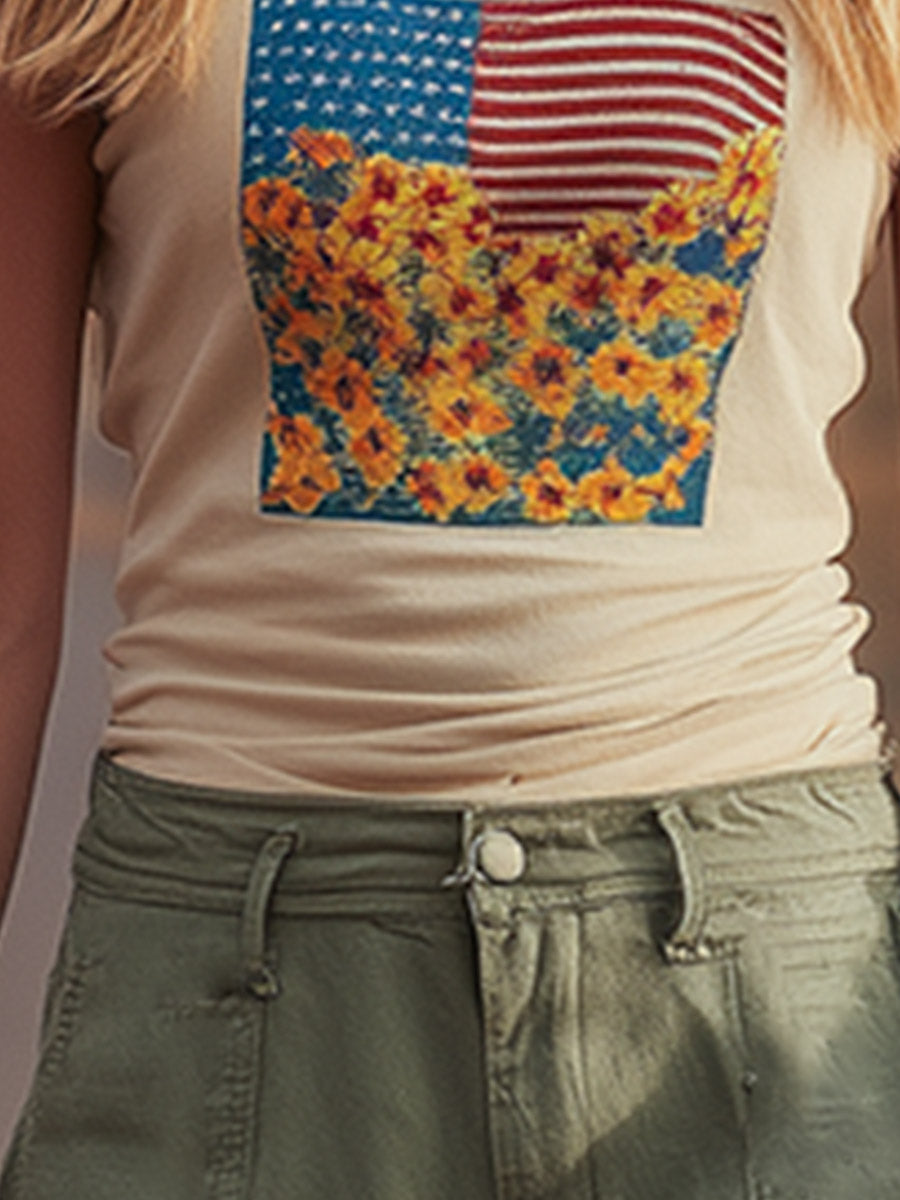 Retro Casual Western-Print Beige Cotton Tank Top