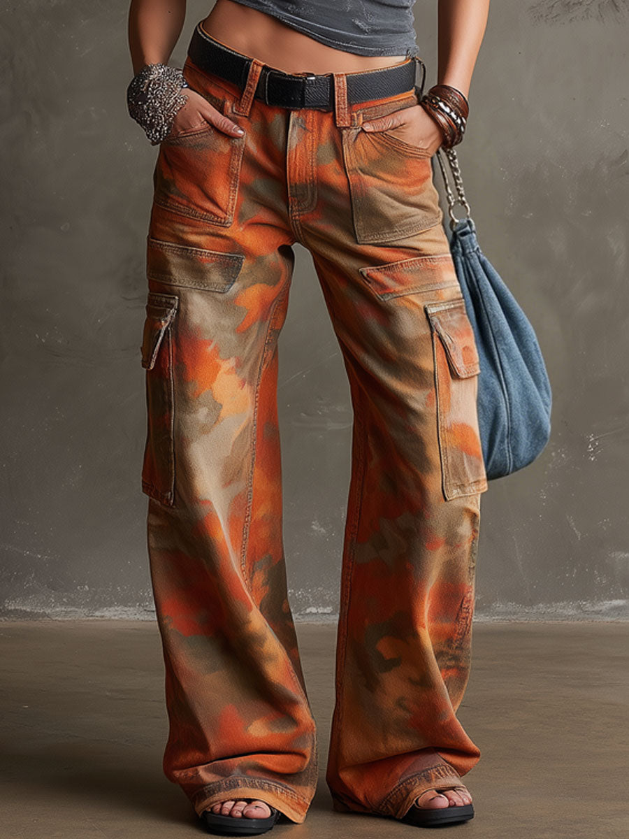 Western Retro Orange Camouflage Work Jeans