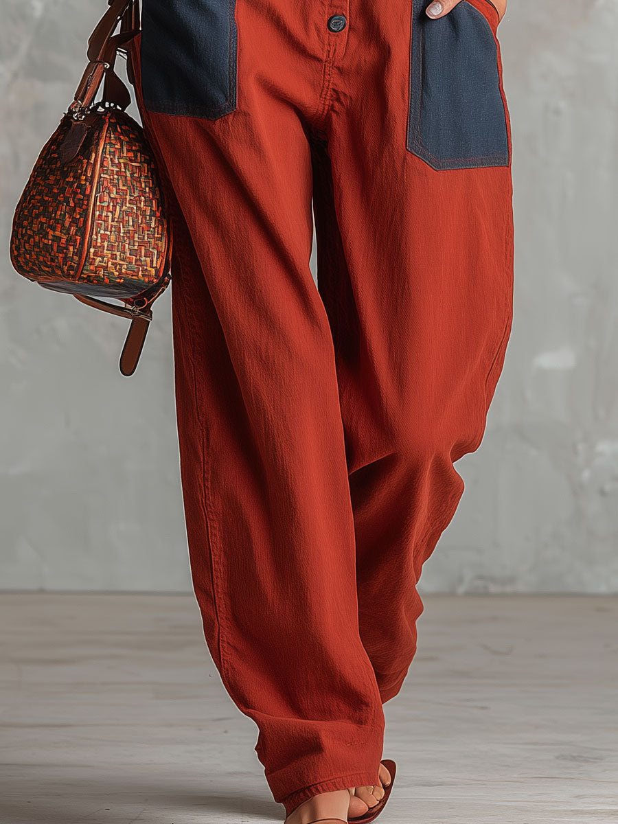 Casual Retro Denim Patchwork Red Overall Cotton Jumpsuit