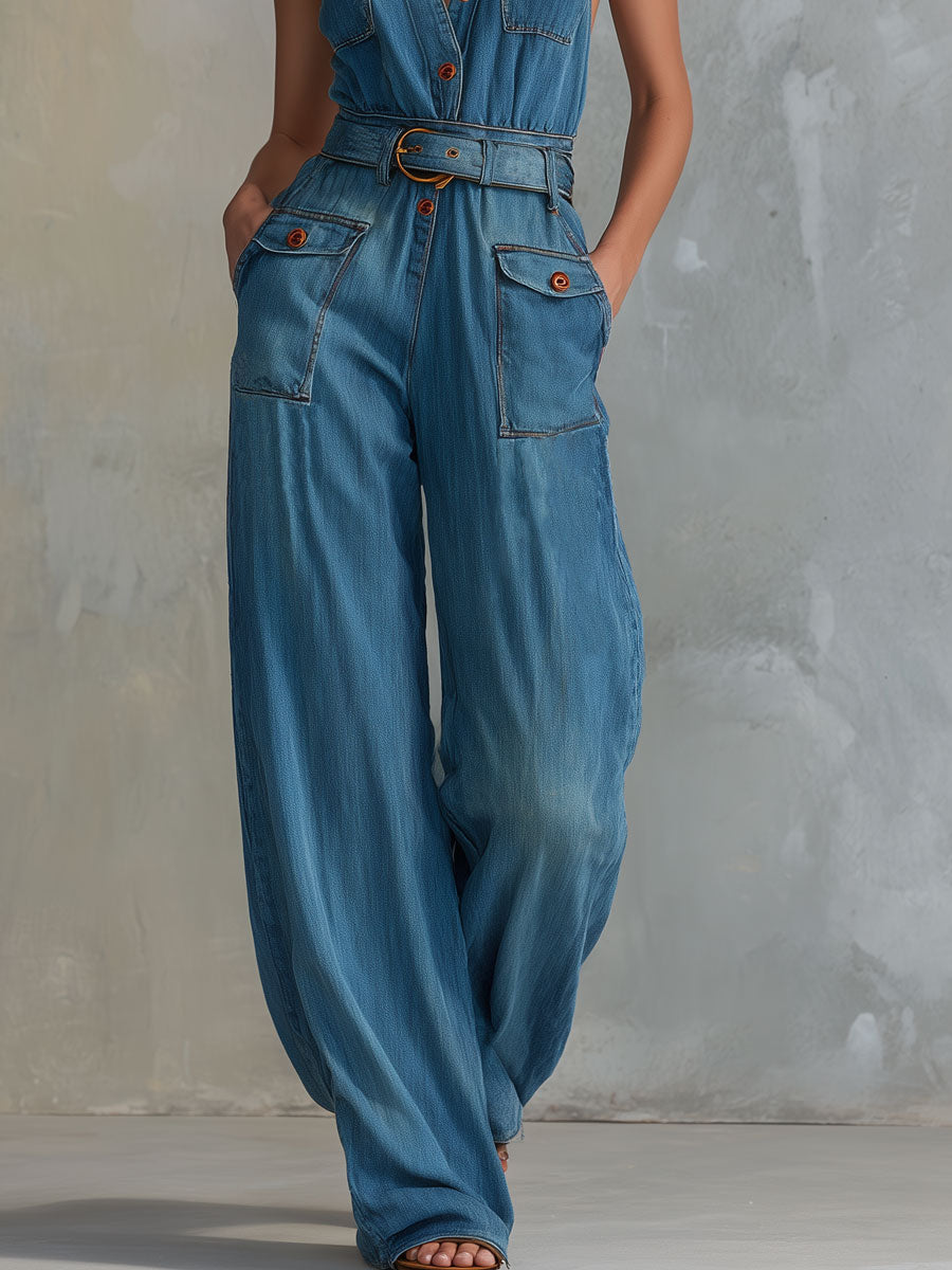 Casual Retro Blue Sleeveless Button Pocket Denim Jumpsuit