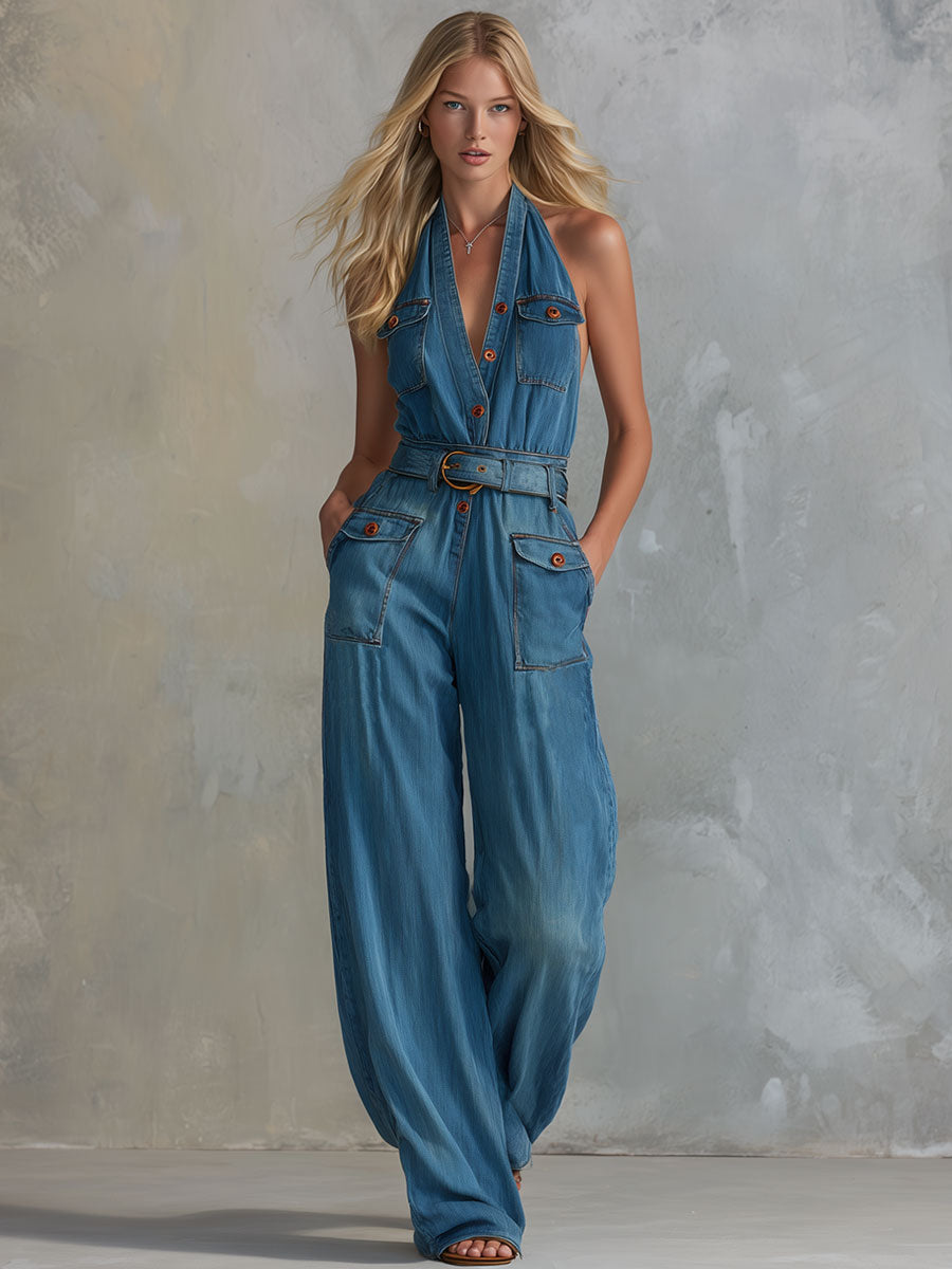Casual Retro Blue Sleeveless Button Pocket Denim Jumpsuit