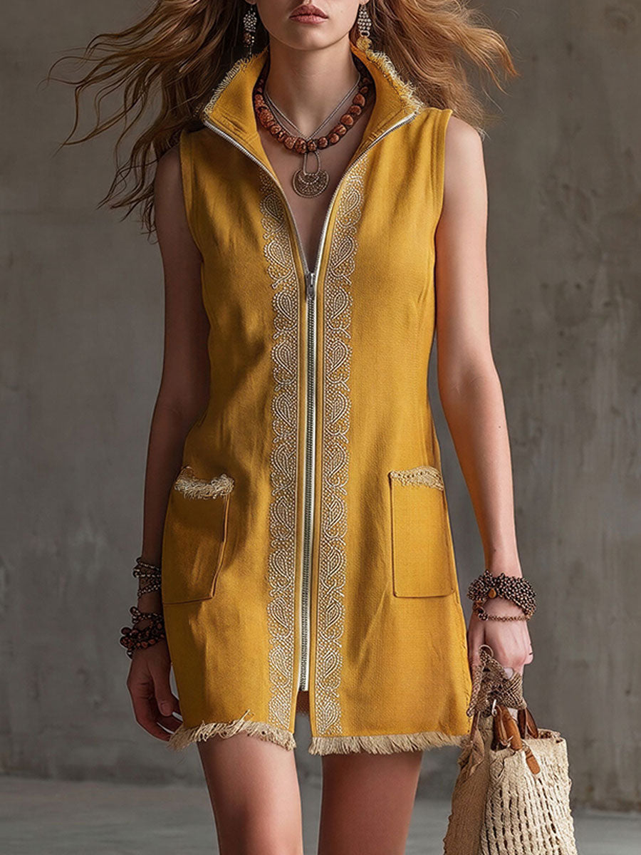 Casual Retro Embroidered Yellow Cotton Linen Sleeveless Mini Dress