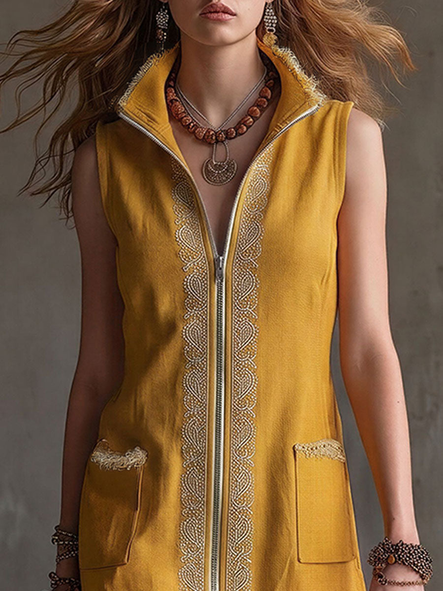 Casual Retro Embroidered Yellow Cotton Linen Sleeveless Mini Dress
