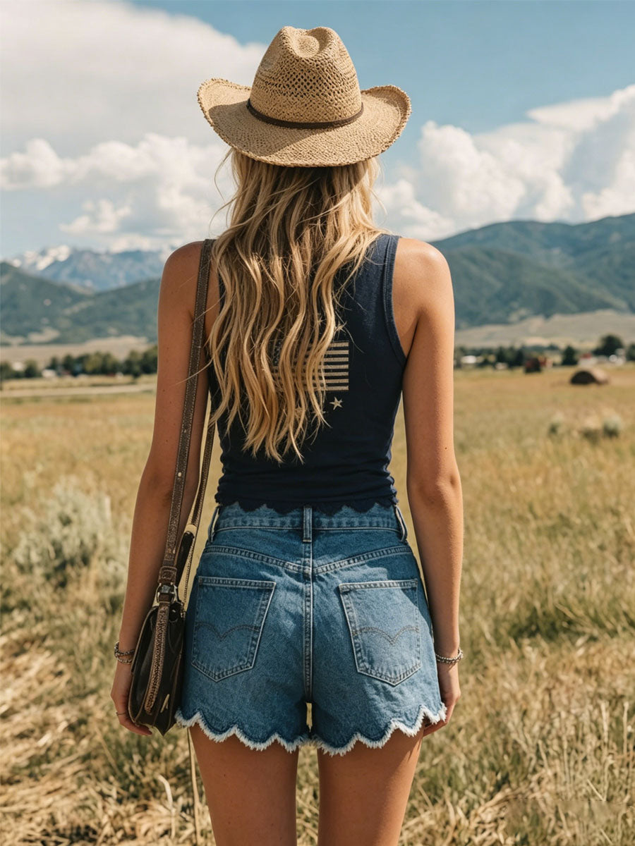 Retro Blue Denim Fan-shaped Lace Shorts