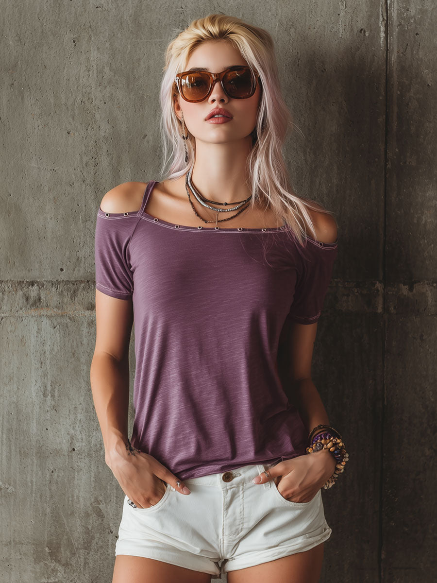 Casual Purple Pure Cotton Off-Shoulder Short-Sleeve T-Shirt