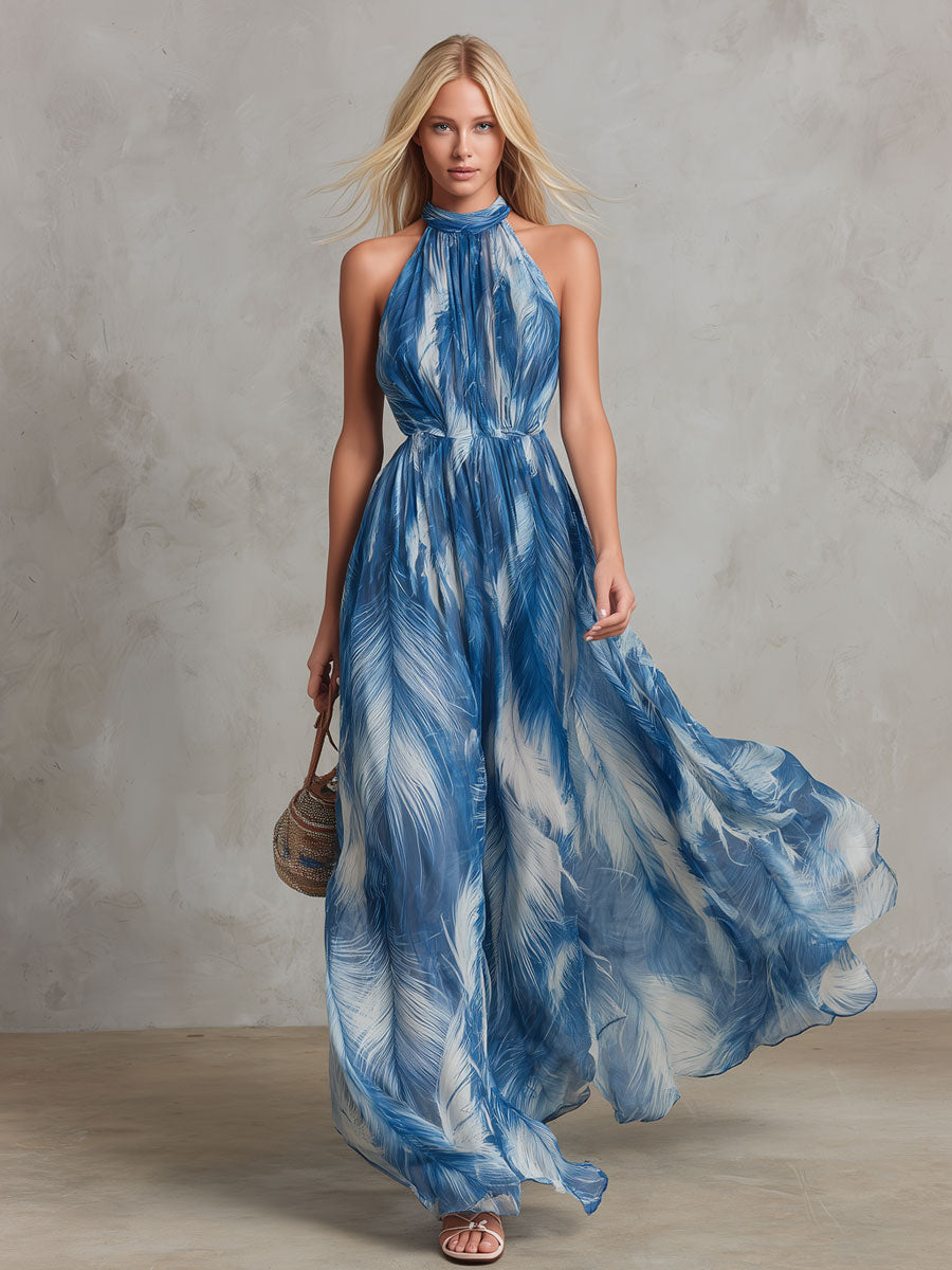 Retro Elegant Feather Print Blue Sleeveless Chiffon Maxi Dress