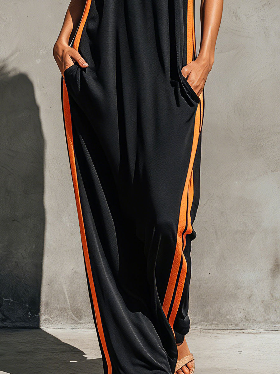 Casual Retro Color-blocked Black Sleeveless Round Neck Cotton Maxi Dress