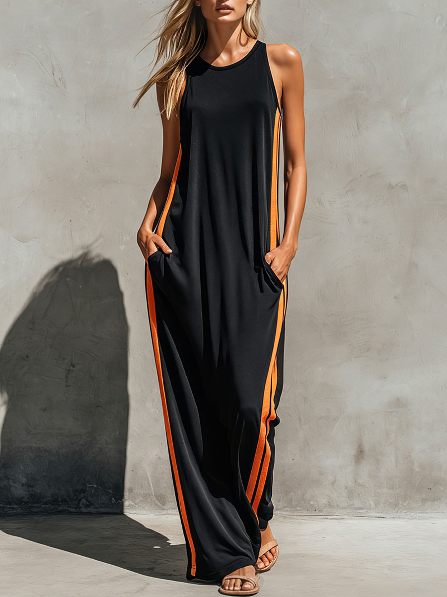 Casual Retro Color-blocked Black Sleeveless Round Neck Cotton Maxi Dress