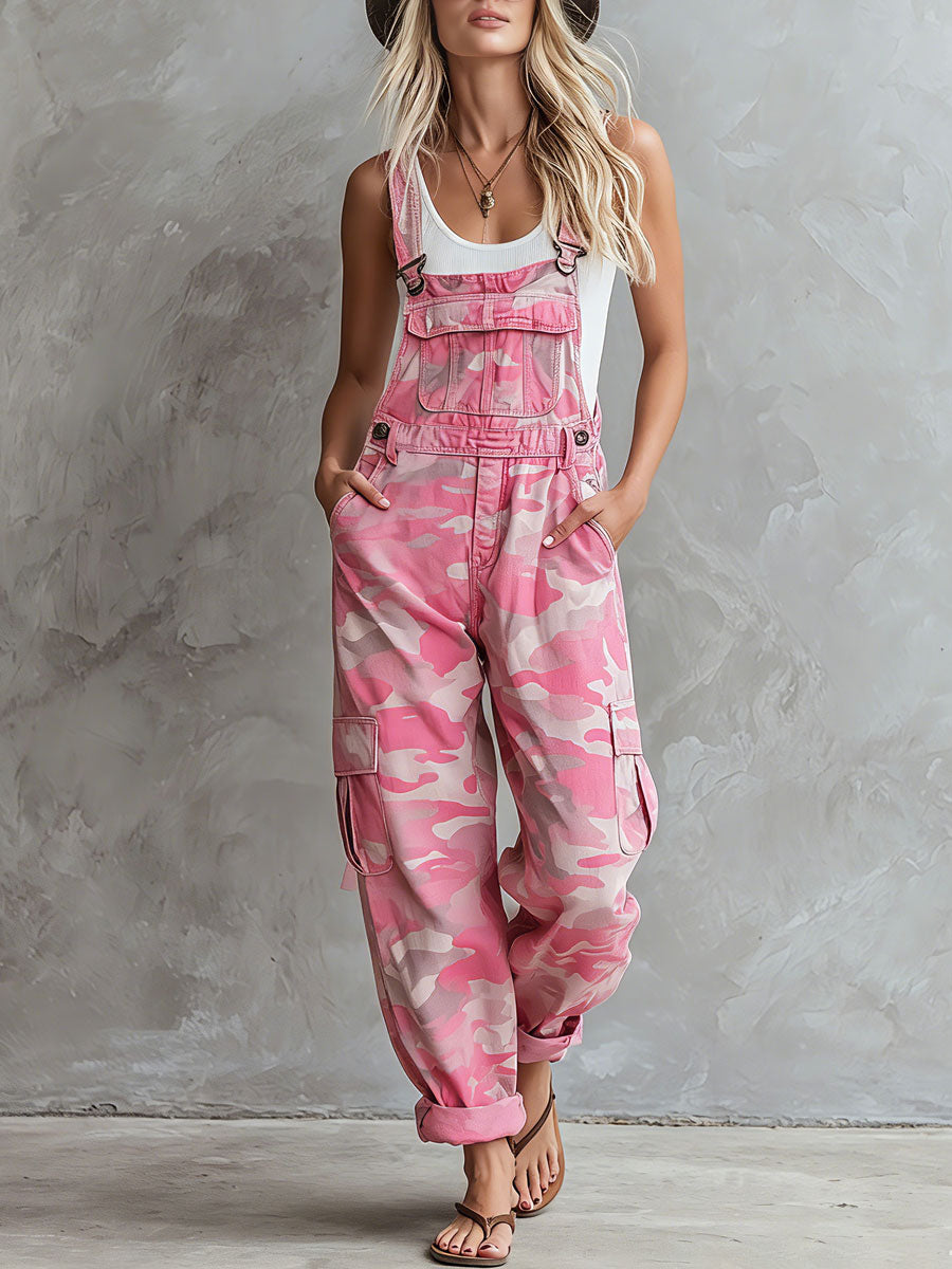 Casual Retro Pink Overalls With Multiple Pockets Camouflage Denim Jumpsuit