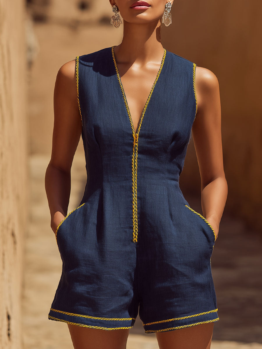 Color-blocked Cotton-linen V-neck Zipper Sleeveless Short Jumpsuit