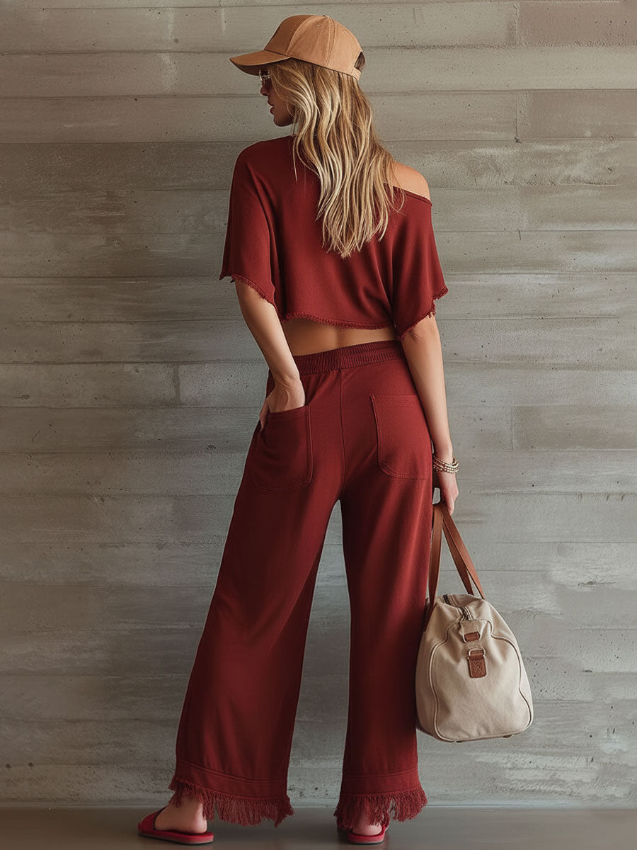 Casual Sporty Retro Frayed Maroon Pure Cotton Short-Sleeved Top And Pants Set